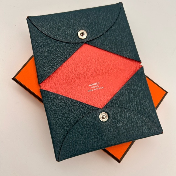 Hermes Chevre Mysore Calvi case Coin Verso rose azalee vert bosphore With Box - Picture 2 of 12